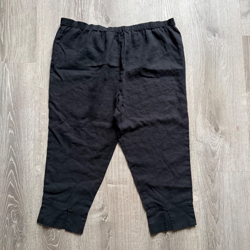FLAX Women Black 100% Linen Cropped Pants Elastic Waist Size L